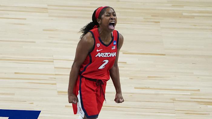 Arizona's Aari McDonald yells in celebration during an NCAA tournament game